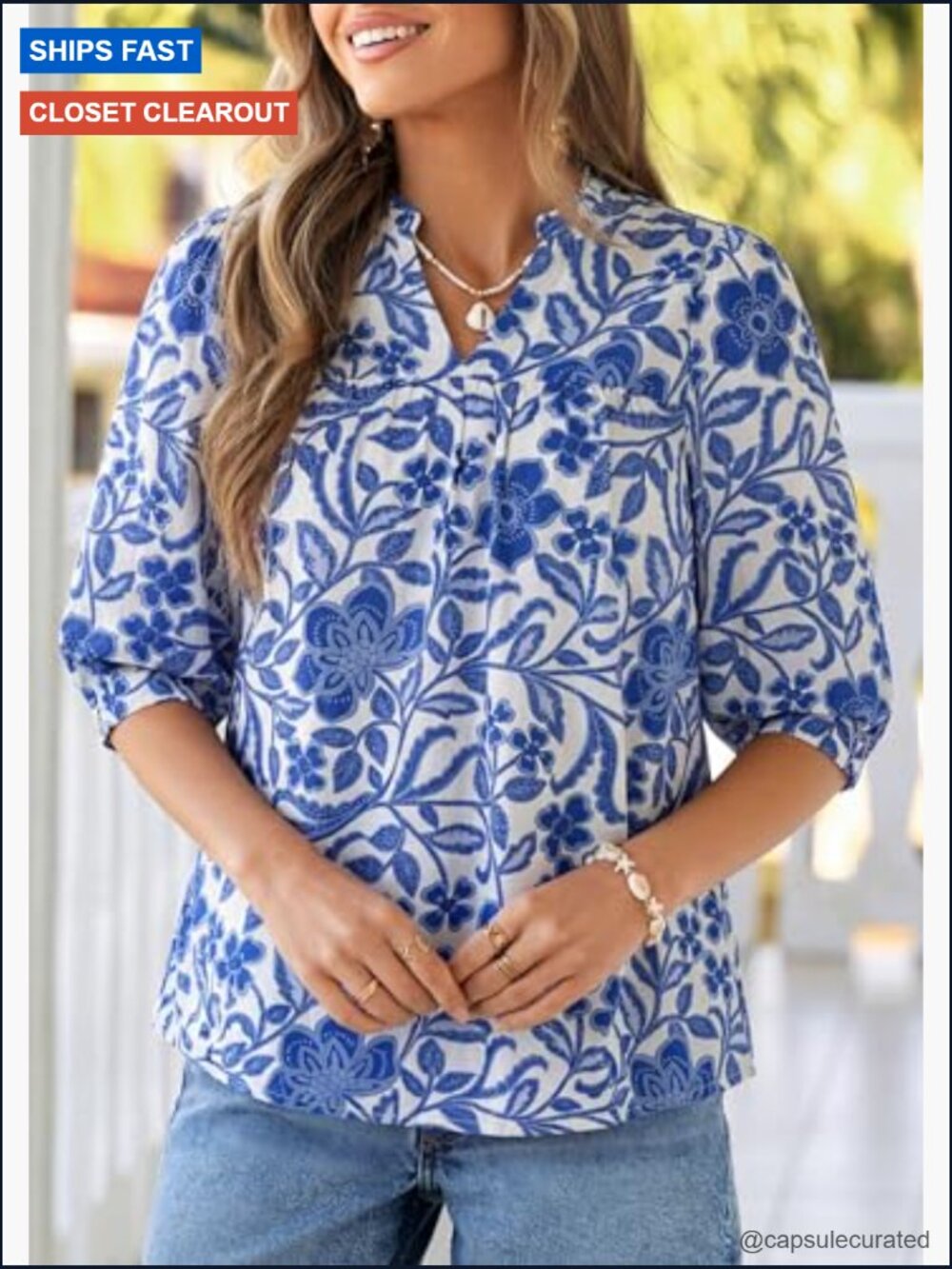 Floral Boho Blouse Half Sleeve V Neck Dressy Casual Top - Picture 6 of 7